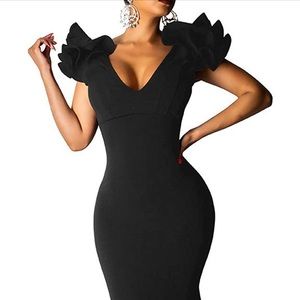 Women's Ruffle Sleeve VNeck Backless Evening Formal Maxidress Color Black, LARGE